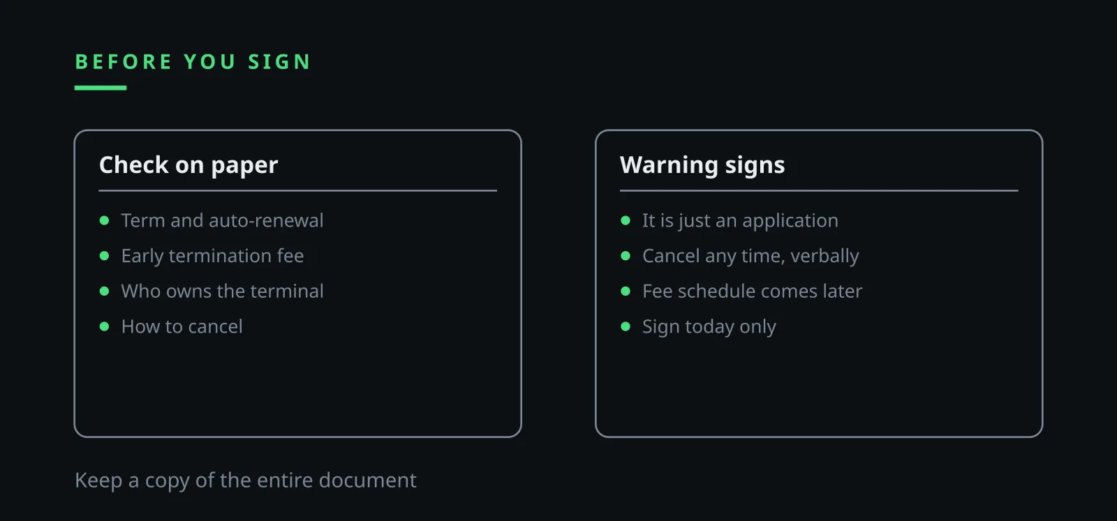 Ilia Zavialov: terminal lease and merchant agreement checks before signing