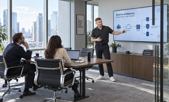 Ilia Zavialov presenting a security architecture in a meeting room